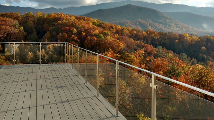 Prefabricated glass panel railing design.