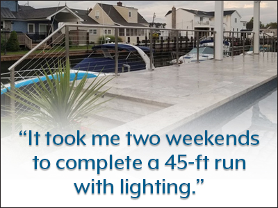 It took me two weekends to complete a 45-ft run of cable railing with lighting.