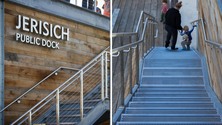 Cable railing installed on stairs. Outside cable railing often called wire railing installed in a waterfront setting.