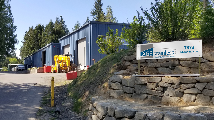 AGS Stainless, custom stainless steel railing systems, exterior of the shop.
