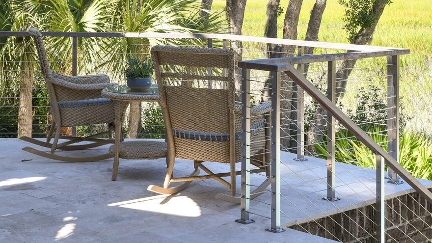 Top mount patio railing system and stair handrail, South Carolina, luxury custom home by Esposito Construction Inc.